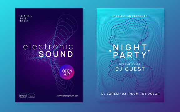 Neon music flyer. Electro dance dj. Electronic sound fest. Techno trance party. Club event poster.