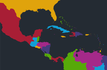 Infographics Central America and Caribbean Islands map, flat design colors, states and island, blue background, blank