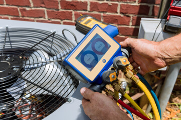 Air conditioner check service, leak detection, fill refrigerant, device meter liquid cooling in...