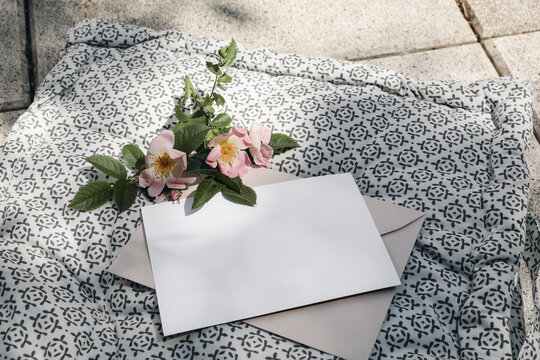 Summer stationery mock-up. Blank paper card invitation, craft envelope and blooming dog rose in sunlight. Patterned cushion, seater. Summer branding photo, web banner. Top view, blurred background.