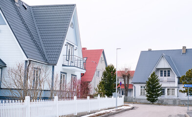 The resort town of Parnu in Estonia with beautiful wooden houses with triangular roofs