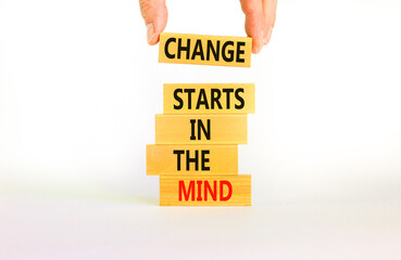 Change starts in the mind symbol. Concept words Change starts in the mind on wooden blocks on a beautiful white table white background. Business motivational and change starts in the mind concept.