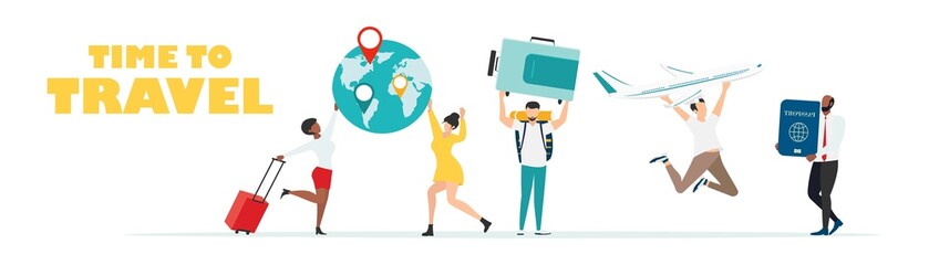 Travel. People at the airport fly on a journey. Summer rest. Family travel. Vacation with friends. Vector illustration.