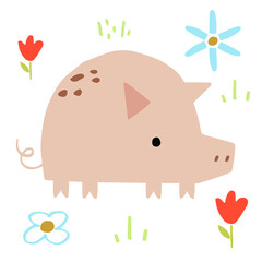 vector pig standing on a flower meadow. isolated pig illustration for educational cards, prints. cartoon style