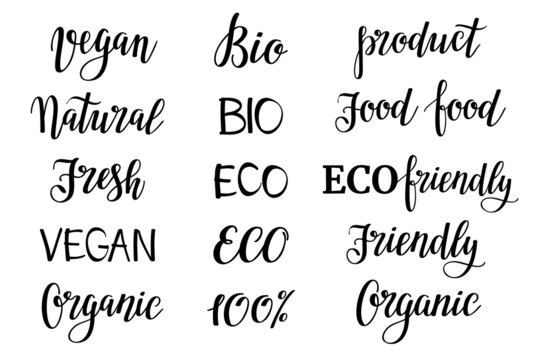 Eco, organic, natural, vegan lettering quotes. Hand drawn logos for products. Lettering elements. Organic cosmetics, natural brand logos.