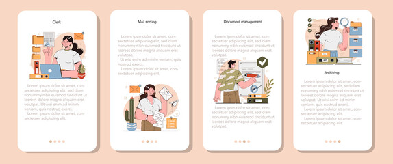 Office clerk mobile application banner set. Coworking space