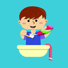 A child is brushing teeth flat vector illustration. 