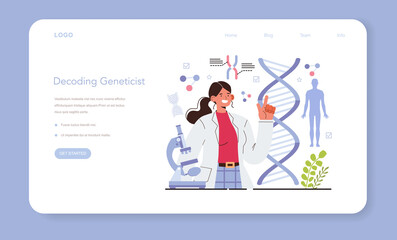 Geneticist web banner or landing page. Scientist work with DNA molecule
