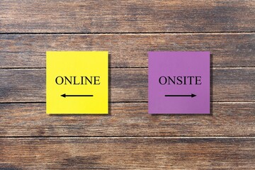 Yellow and pink note on wall with text and direction to ONLINE and ONSITE, concept of education and...