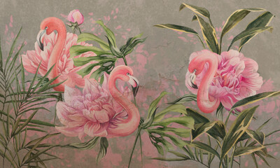 Fototapety  flamingo peonies in tropical leaves art drawing photo wallpaper in the interior