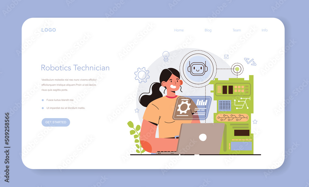 Poster cyber engineering web banner or landing page. robotics' constructing