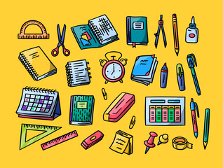 Vector hand drawn Back to School colorful doodles set. Includes cute calendar, schedule, notebooks, alarm clock, pen and pencil