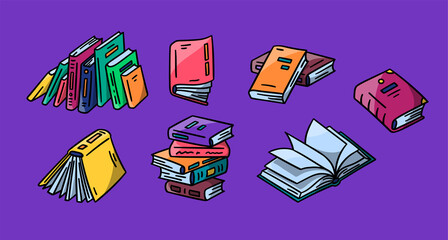 Vector hand drawn piles of books colorful doodles. Includes cute open and closed books, piles and stack of books