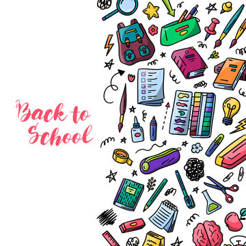 Vector hand drawn Back to School colorful doodles background template. Cute watercolor paints, checklist, brush, pencilcase, notebooks and books included