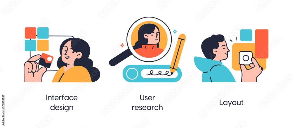 Sticker user interface development - abstract business concept illustrations. user research, interface desig
