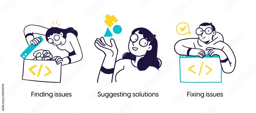 Poster Fixing errors and bugs in software and quality control - set of business concept illustrations. Finding issues, Suggesting solutions, Fixing issues.Visual stories collection.