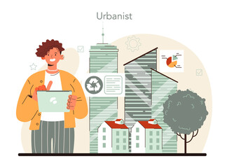 Urbanist concept. Architect studying and developing urban structure