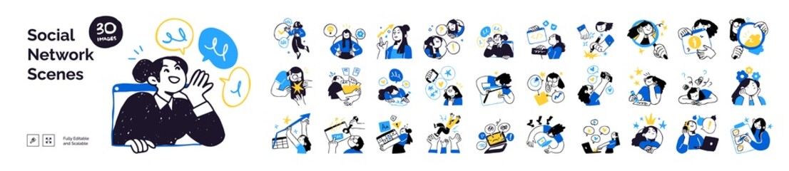 Fototapeta na wymiar Social network illustrations. Collection of different scenes and situations. Trendy vector style