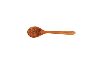 Bird cherry flour wooden spoon on white background. Design element. Shredded berry Bird cherry use in baking and healthy smoothie