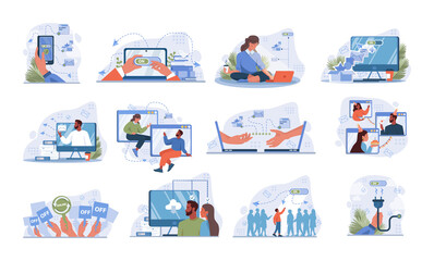 Obraz premium Online communication concept set. Characters with smart digital technologies.