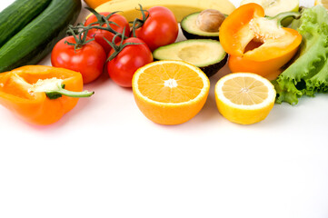 Banner with vegetables and friut against white background.Place for text