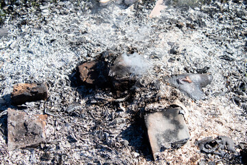 Aerial Drone View Over Burning Dry Grass and Smoke in Field. Flame and Open Fire. Top View Black Ash