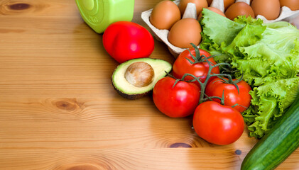 Vegetables and eggs on the table.HEalthy lifestyle and keto diet.Baner with space for text