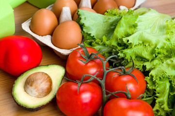 Vegetables and eggs on the table.HEalthy lifestyle and keto diet.Baner with space for text