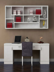 Desk room or home office mockup with white desk, hanging bookshelves, and chair. 3d rendering. 3d illustration