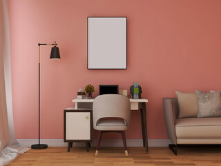 Desk room mockup with 1 blank frame, pink wall, floor lamp, desk, and sofa. 3d rendering. 3d illustration
