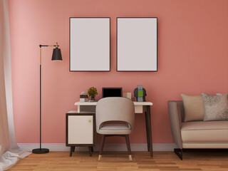 Obraz premium Desk room mockup with 2 blank frames, pink wall, floor lamp, desk, and sofa.3d rendering. 3d illustration