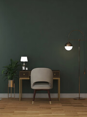 Desk room or home office mockup with vintage desk, table, vintage lamp, and green wall. 3d rendering. 3d illustration
