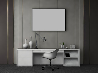 Desk room or home office mockup with 1 big blank frame,  grey modern wall, and white modern office table. 3d rendering. 3d illustration