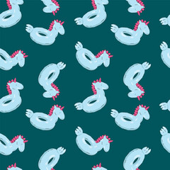 A pattern with swimming rubber toys for swimming. Cartoon toys background for pool games, unicorns for textiles. Background with lifebuoys for summer swimming. Vector illustration