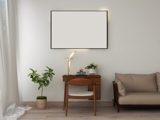 Desk room or home office mockup with big blank portrait frame,  single wooden desk, origami lamp, plant, and sofa.  3d rendering. 3d illustration