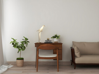 Desk room or home office mockup with single wooden desk, origami lamp, plant, and sofa. 3d rendering. 3d illustration