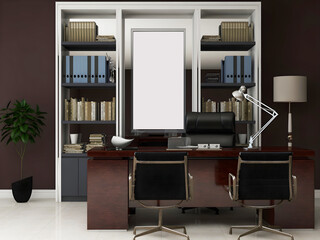 Desk room or office mockup with office desk, book shelves, and blank frame. 3d rendering. 3d illustration