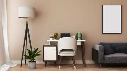 Desk room/ home office mockup with desk, floor lamp, sofa, and blank khaki wall.3d rendering. 3d illustration