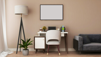 Desk room/ home office mockup with 1 blank frame, desk, floor lamp, sofa, and khaki wall. 3d rendering. 3d illustration