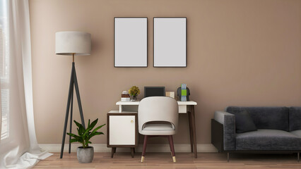 Desk room/ home office mockup with 2 blank frames, desk, floor lamp, sofa, and khaki wall. 3d rendering. 3d illustration