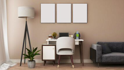 Desk room/ home office mockup with 3 blank frames, desk, floor lamp, sofa, and khaki wall. 3d rendering. 3d illustration