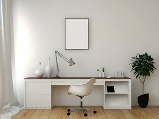 Desk room or home office mockup with one blank frame, white table and white wall. 3d rendering. 3d illustration