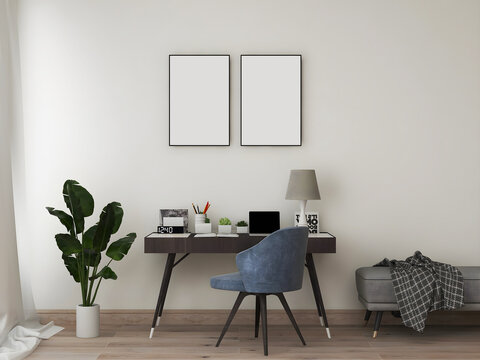 Desk room or home office mockup with 2 blank frames, desk and object, blue chair, plant, and sofa. 3d rendering. 3d illustration