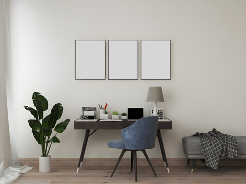 Desk room or home office mockup with 3 blank frames, desk and object, blue chair, plant, and sofa. 3d rendering. 3d illustration