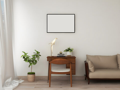 Desk room or home office mockup with 1 blank landscape frame,  single wooden desk, origami lamp, plant, and sofa. 3d rendering. 3d illustration