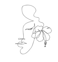 Woman profile with hibiscus flower in her hair. Portrait female beauty concept. Continuous line drawing vector illustration