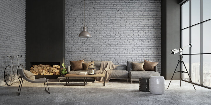 Industrial loft living room interior with sofa,wood tables,lamp and brick wall.3d rendering