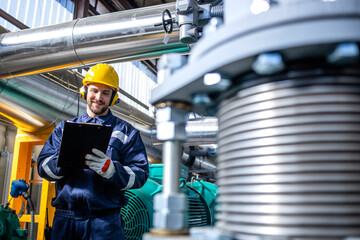 Industrial engineer in safety work wear checking production in factory.