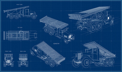 M-13 Katyusha. Soviet military vehicle with a rocket artillery system. Guards rocket launcher. Blueprint with projections, isometry and perspective. Rocket weapons of the World War II.