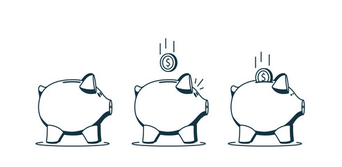 Outline piggy bank symbol. Piggy bank with falling coin